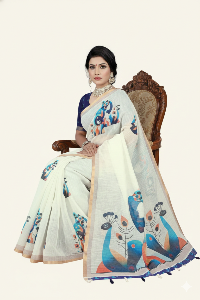 Premium Ivory Linen Peacock Motifs & Gold Border