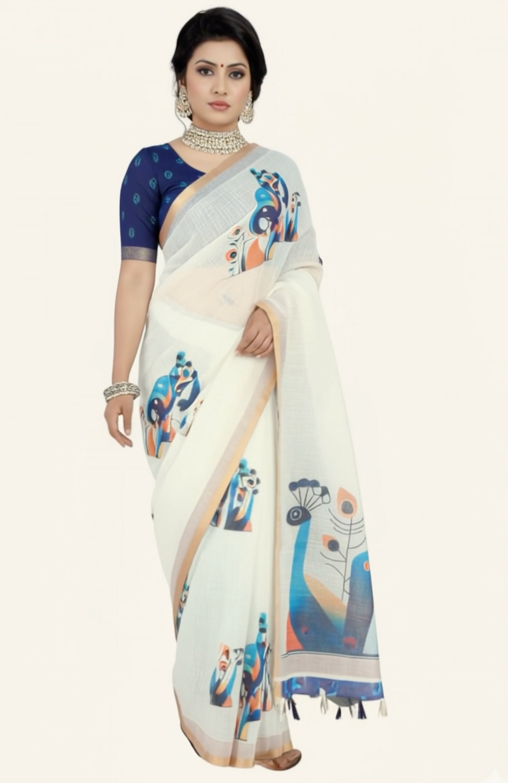 Premium Ivory Linen Peacock Motifs & Gold Border