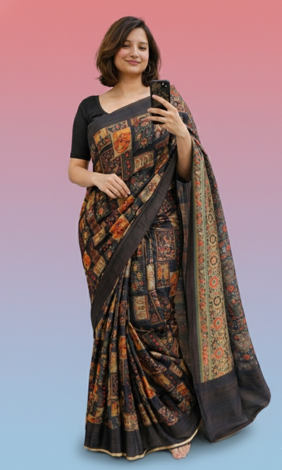 Vintage Kalamkari Print Saree with Traditional Border