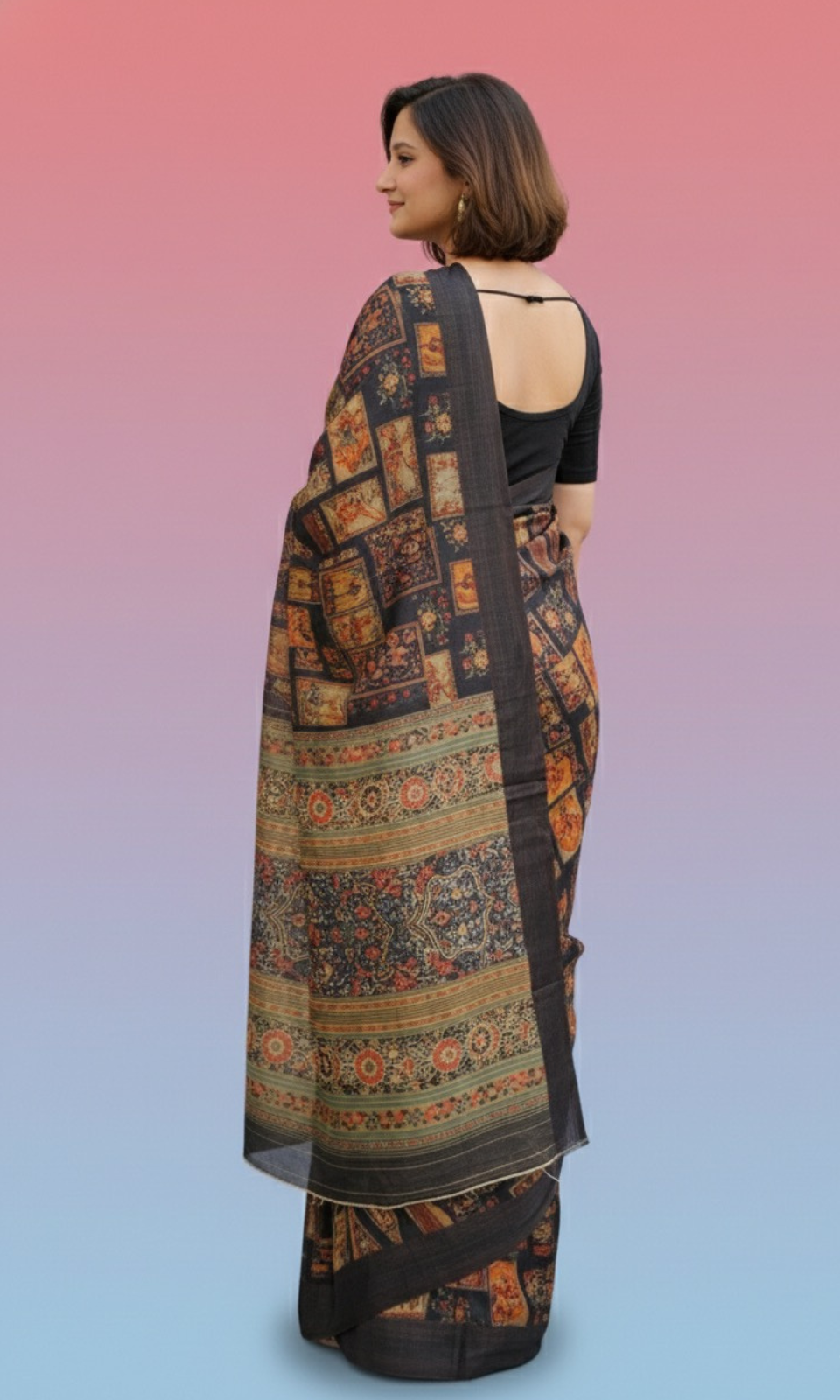 Vintage Kalamkari Print Saree with Traditional Border