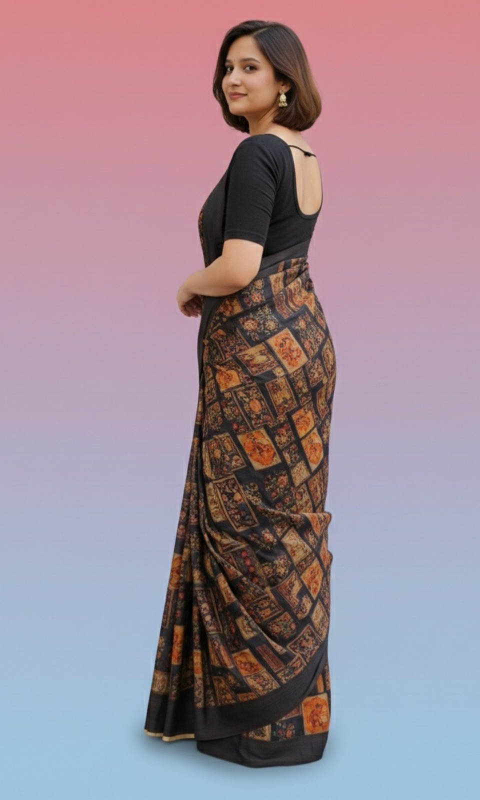 Vintage Kalamkari Print Saree with Traditional Border