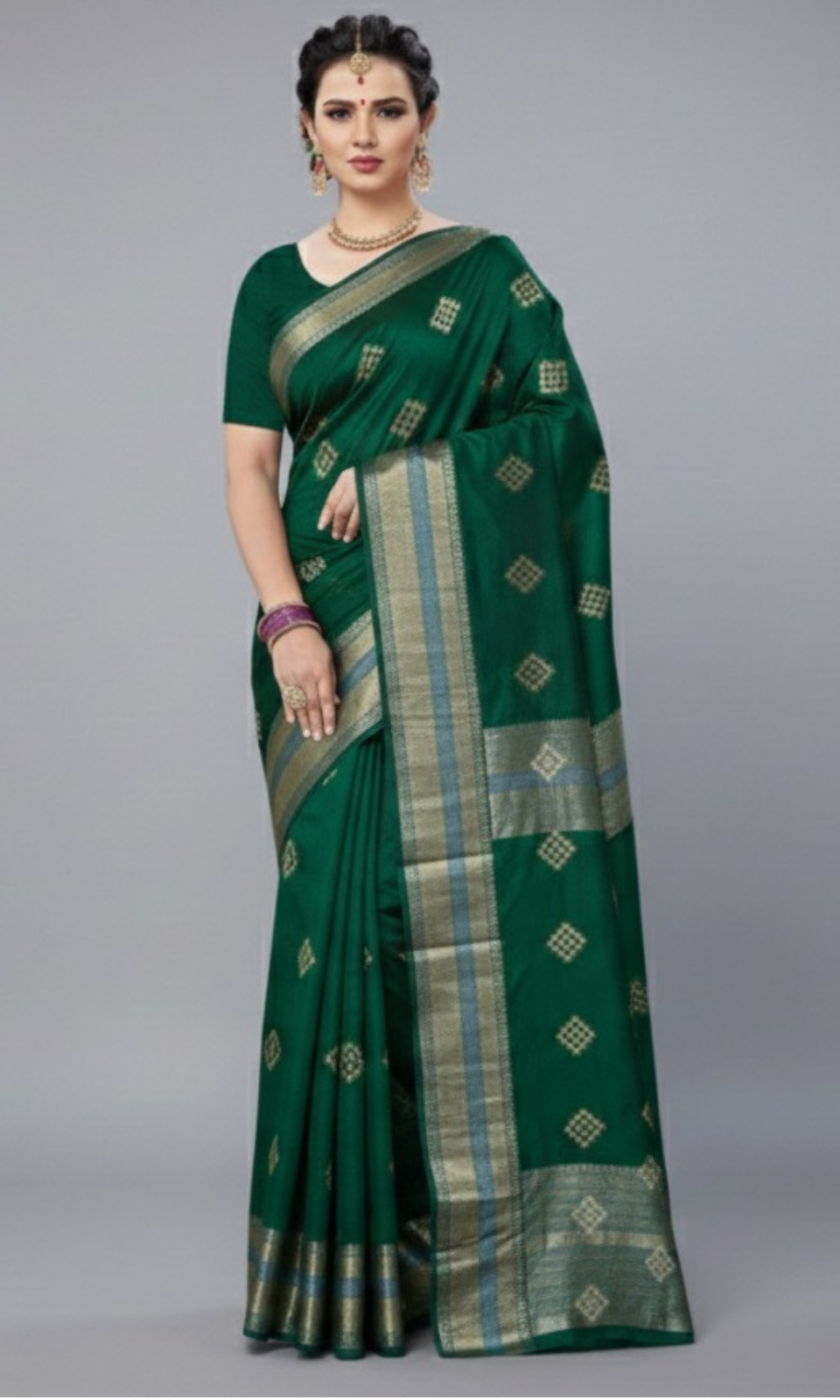 Rich Royal Blue saree with sophisticated silver zari border and woven motifs.