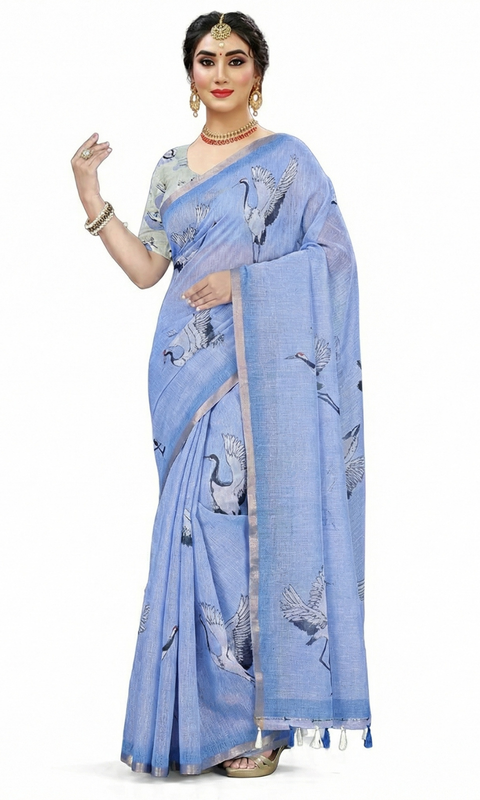 Elegant Sky Blue Linen Saree with Crane Bird Print & Tassel Pallu