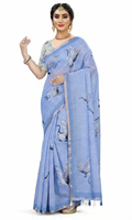 Elegant Sky Blue Linen Saree with Crane Bird Print & Tassel Pallu
