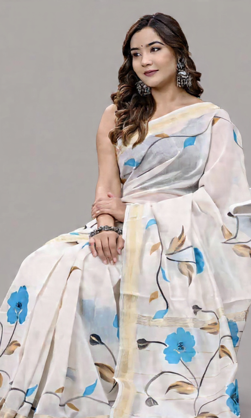 Premium Ivory Floral Linen Saree with Blue Blossom Print