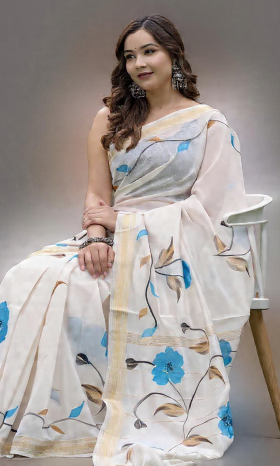 Premium Ivory Floral Linen Saree with Blue Blossom Print