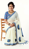 Premium Ivory Linen Saree with Blue Bird Motifs & Contrast Border
