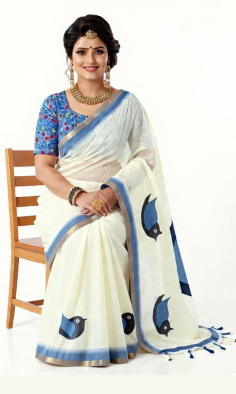 Premium Ivory Linen Saree with Blue Bird Motifs & Contrast Border