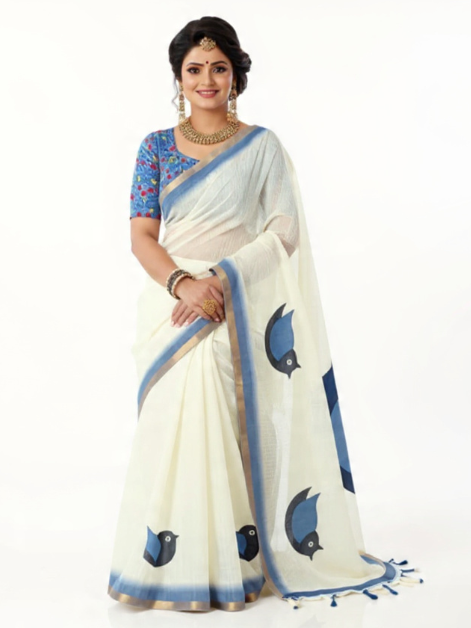 Premium Ivory Linen Saree with Blue Bird Motifs & Contrast Border
