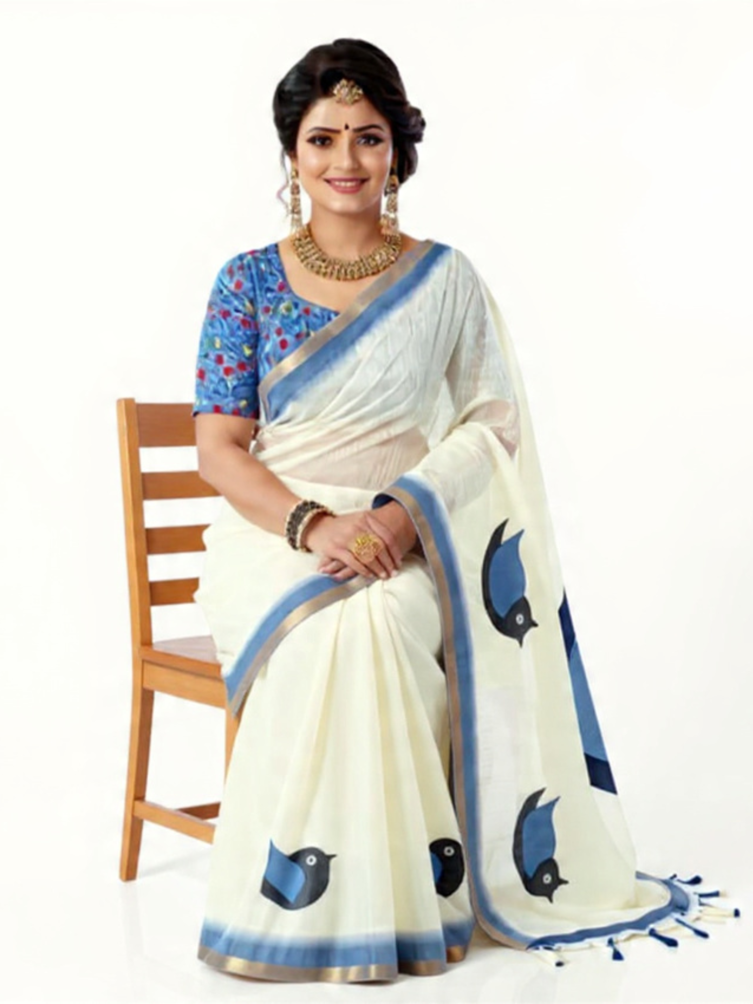 Premium Ivory Linen Saree with Blue Bird Motifs & Contrast Border