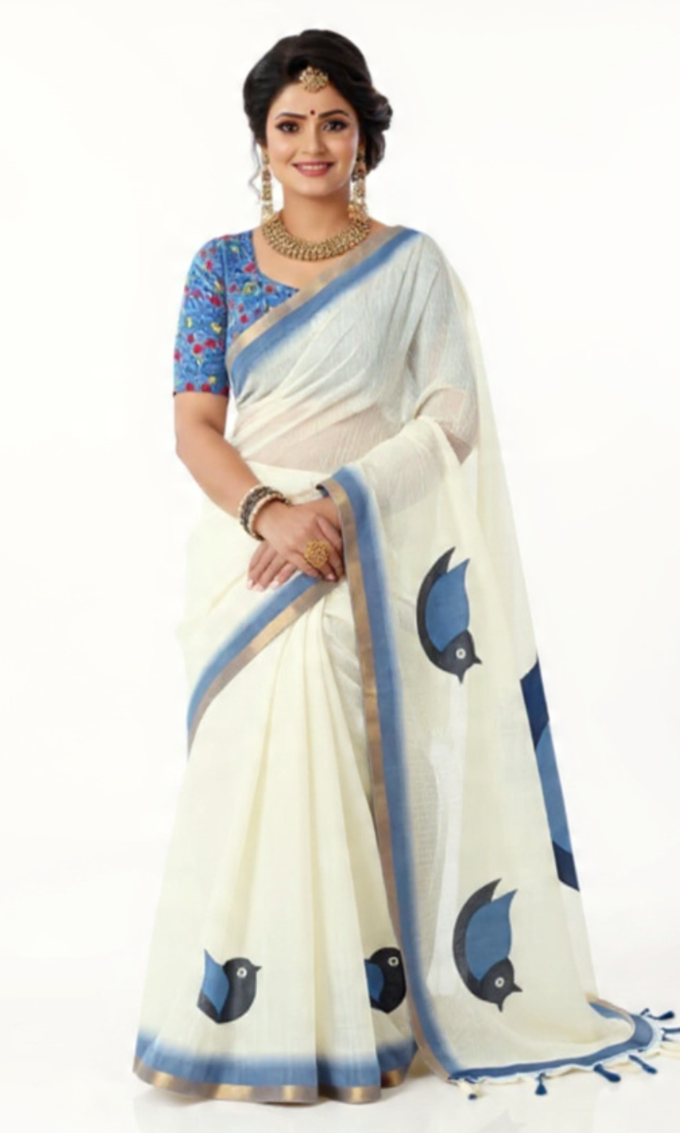 Premium Ivory Linen Saree with Blue Bird Motifs & Contrast Border