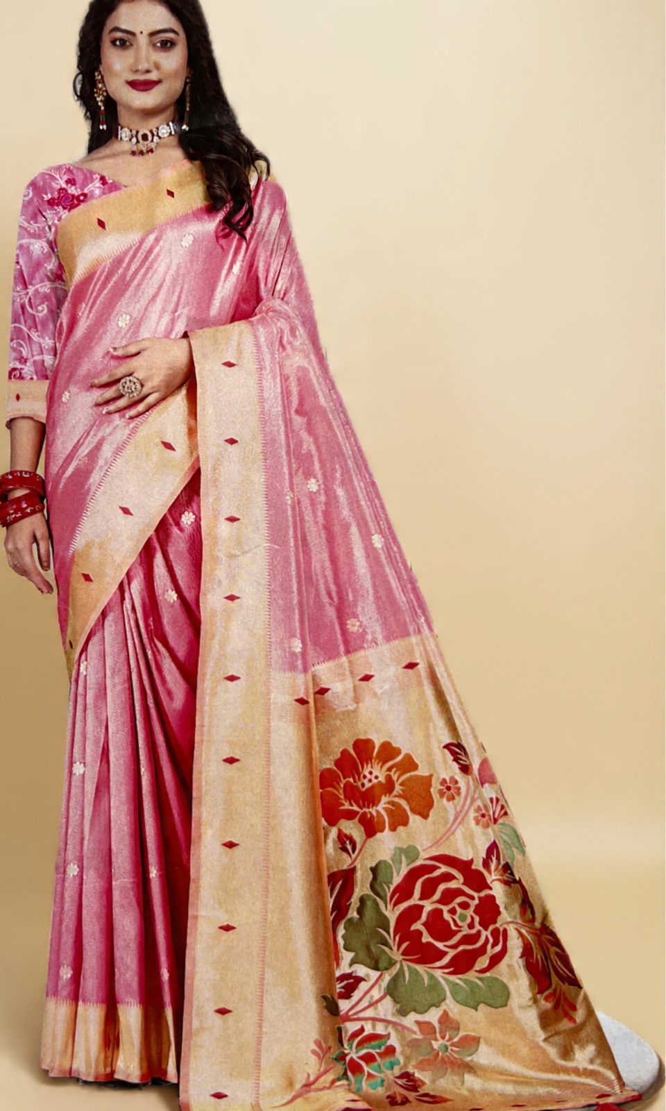 Elegant Blush Pink Silk Saree with Floral Pallu & Golden Border