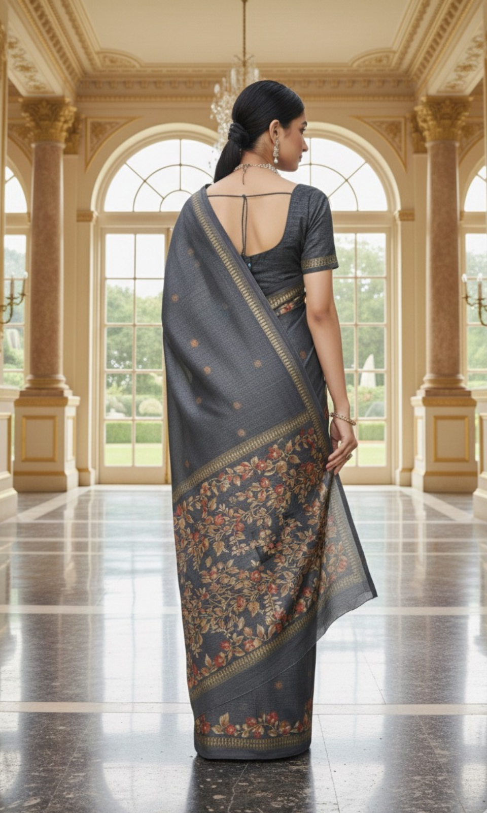 Elegant Charcoal Grey Saree with Floral Border & Ethnic Motifs