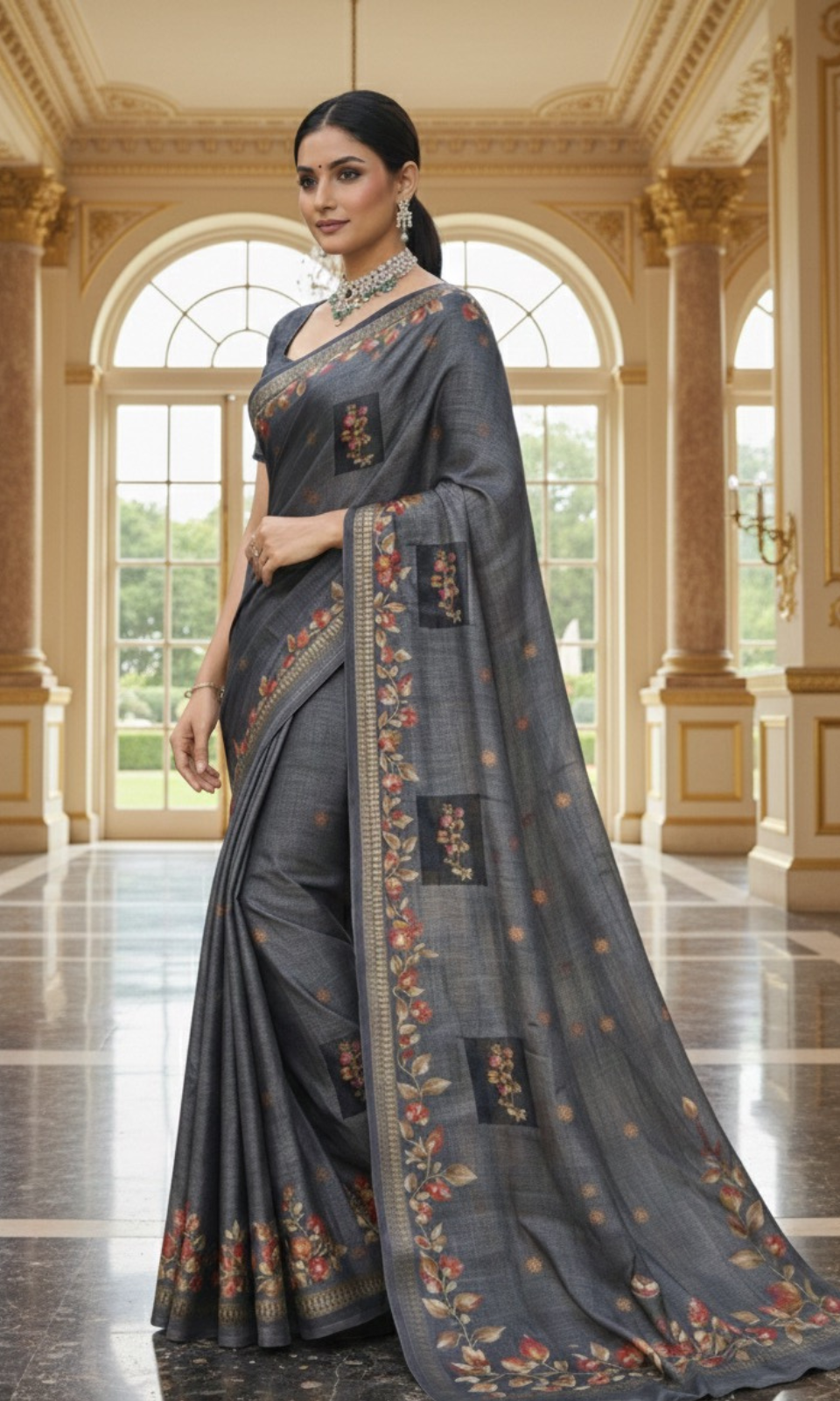 Elegant Charcoal Grey Saree with Floral Border & Ethnic Motifs