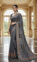 Elegant Charcoal Grey Saree with Floral Border & Ethnic Motifs
