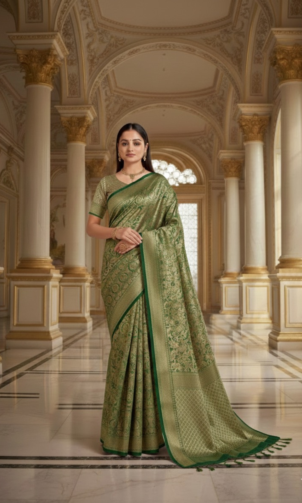 Premium Olive Green Jacquard Saree with Elegant Woven Border