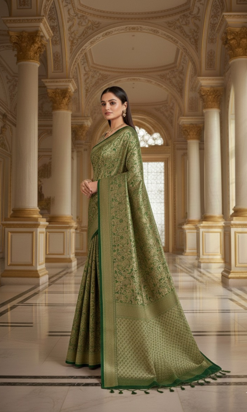Premium Olive Green Jacquard Saree with Elegant Woven Border