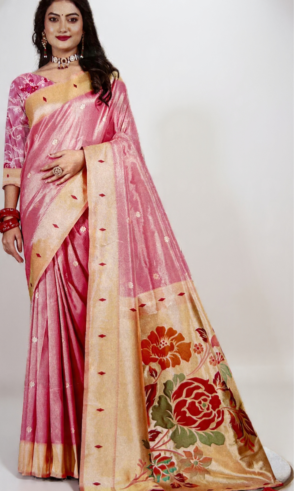 Elegant Blush Pink Silk Saree with Floral Pallu & Golden Border