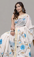 Premium Ivory Floral Linen Saree with Blue Blossom Print