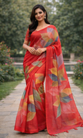 Red Leaf Printed Erode Silk Saree