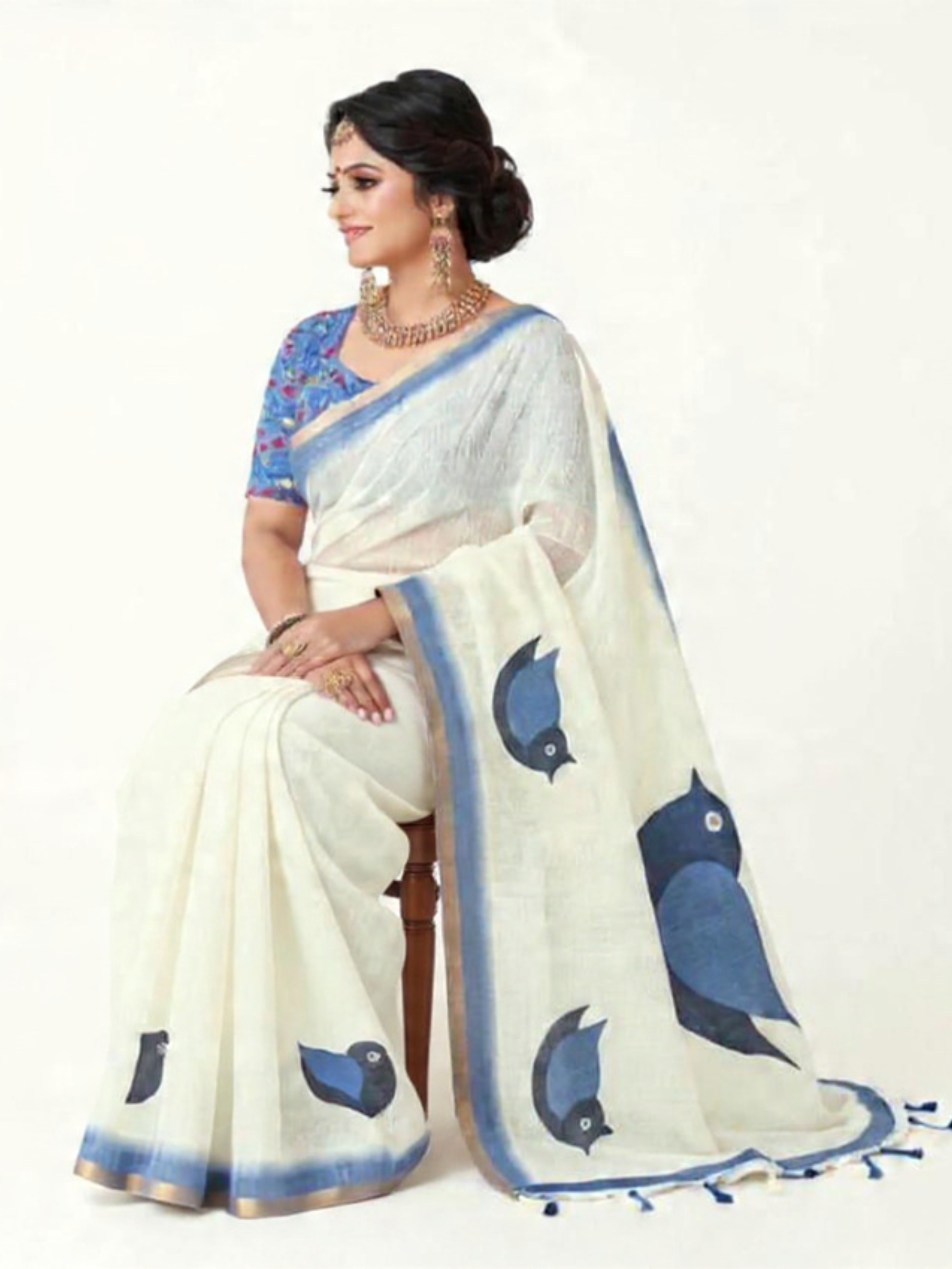 Premium Ivory Linen Saree with Blue Bird Motifs & Contrast Border