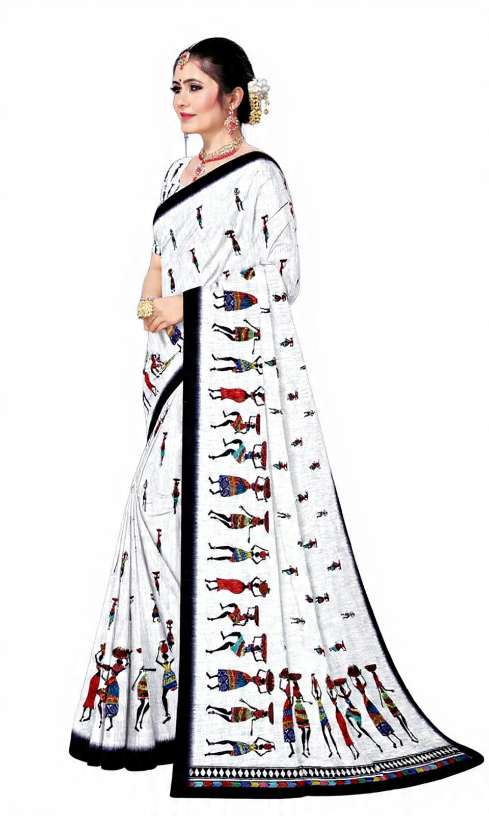 Handcrafted White Linen Saree with Tribal Ethnic Motifs