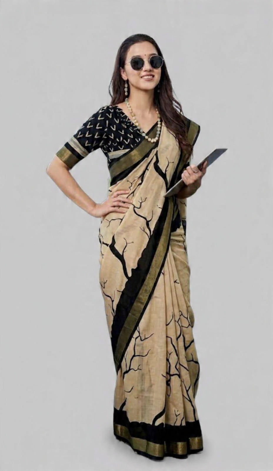 Premium Printed Linen Saree with Contrast Border