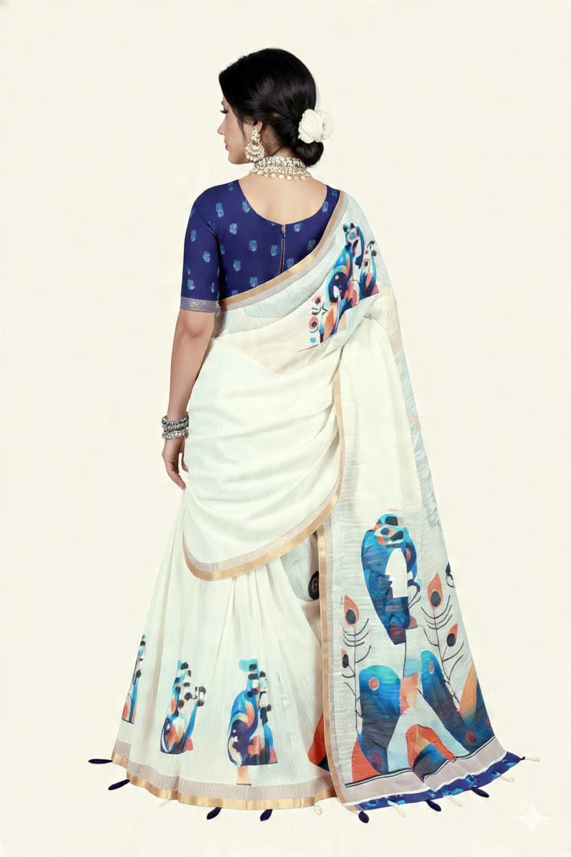 Premium Ivory Linen Peacock Motifs & Gold Border