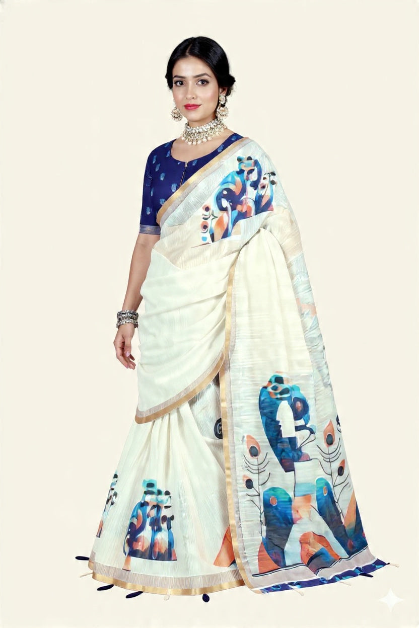 Premium Ivory Linen Peacock Motifs & Gold Border