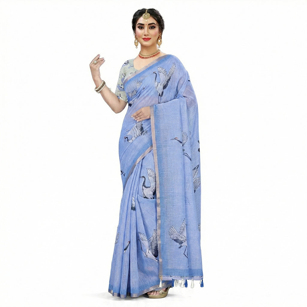 Elegant Sky Blue Linen Saree with Crane Bird Print & Tassel Pallu
