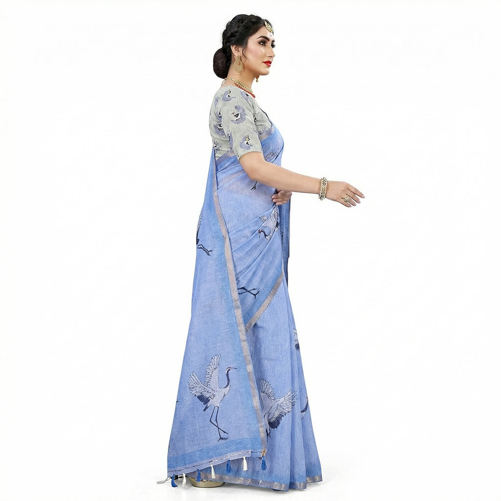 Elegant Sky Blue Linen Saree with Crane Bird Print & Tassel Pallu