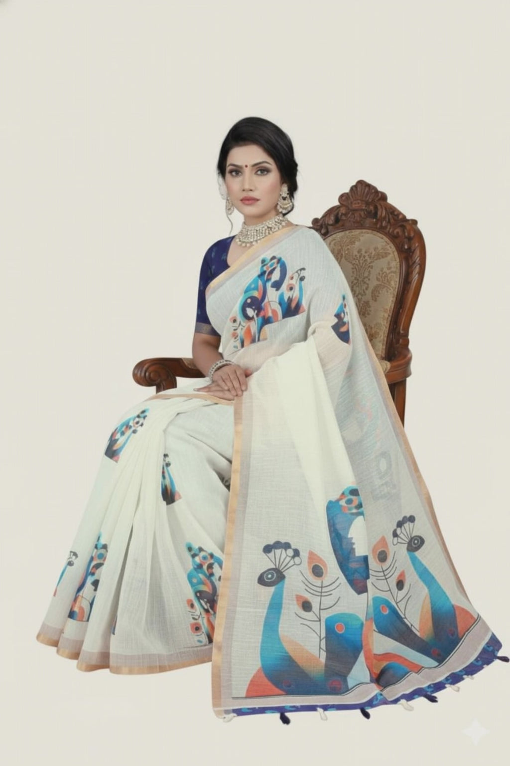 Premium Ivory Linen Peacock Motifs & Gold Border
