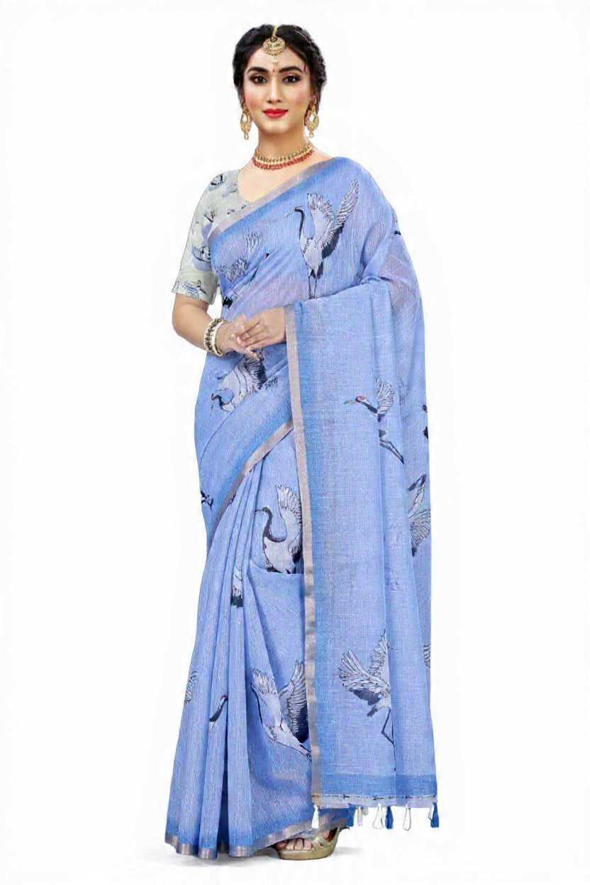 Elegant Sky Blue Linen Saree with Crane Bird Print & Tassel Pallu