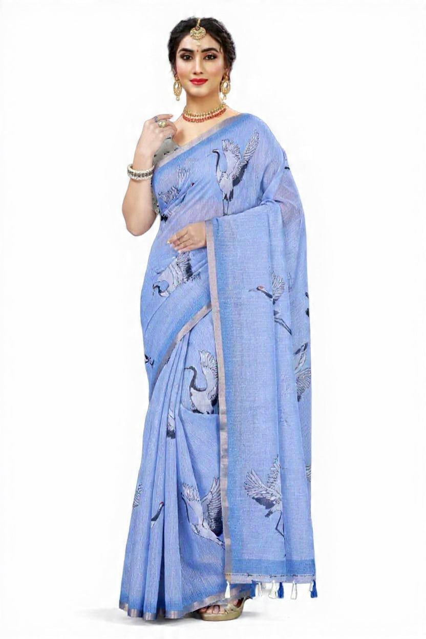 Elegant Sky Blue Linen Saree with Crane Bird Print & Tassel Pallu